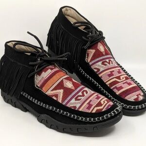 Ferrini Women's Moccasins Boots Black and Multicolor Fringed Moccasins Size 9B